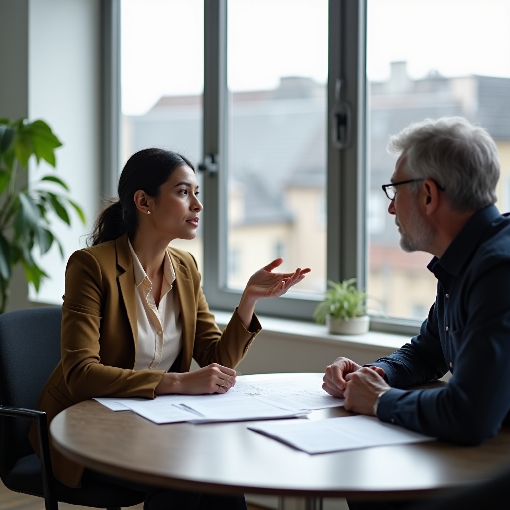Berater und Unternehmerin im Gespräch an einem Besprechungstisch mit Unterlagen