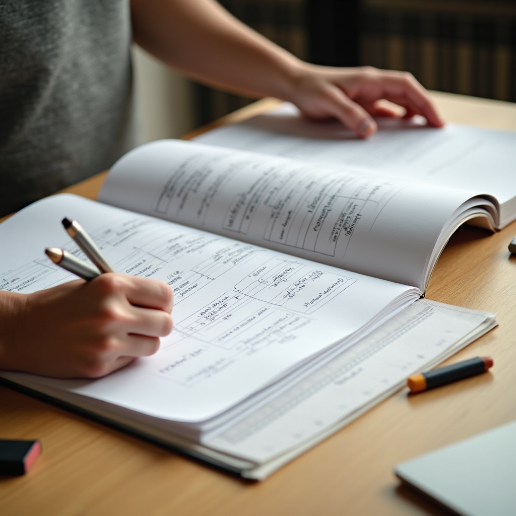 Person entwickelt Kennzahlen auf einem Notizbuch mit Stift und strukturierten Notizen