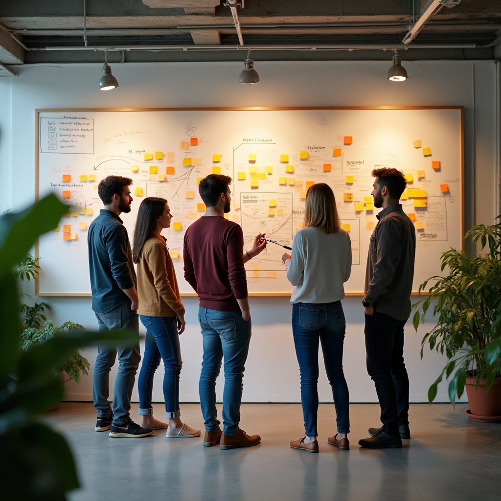 Kleines Team steht vor einem Whiteboard mit Diagrammen und diskutiert Ergebnisse