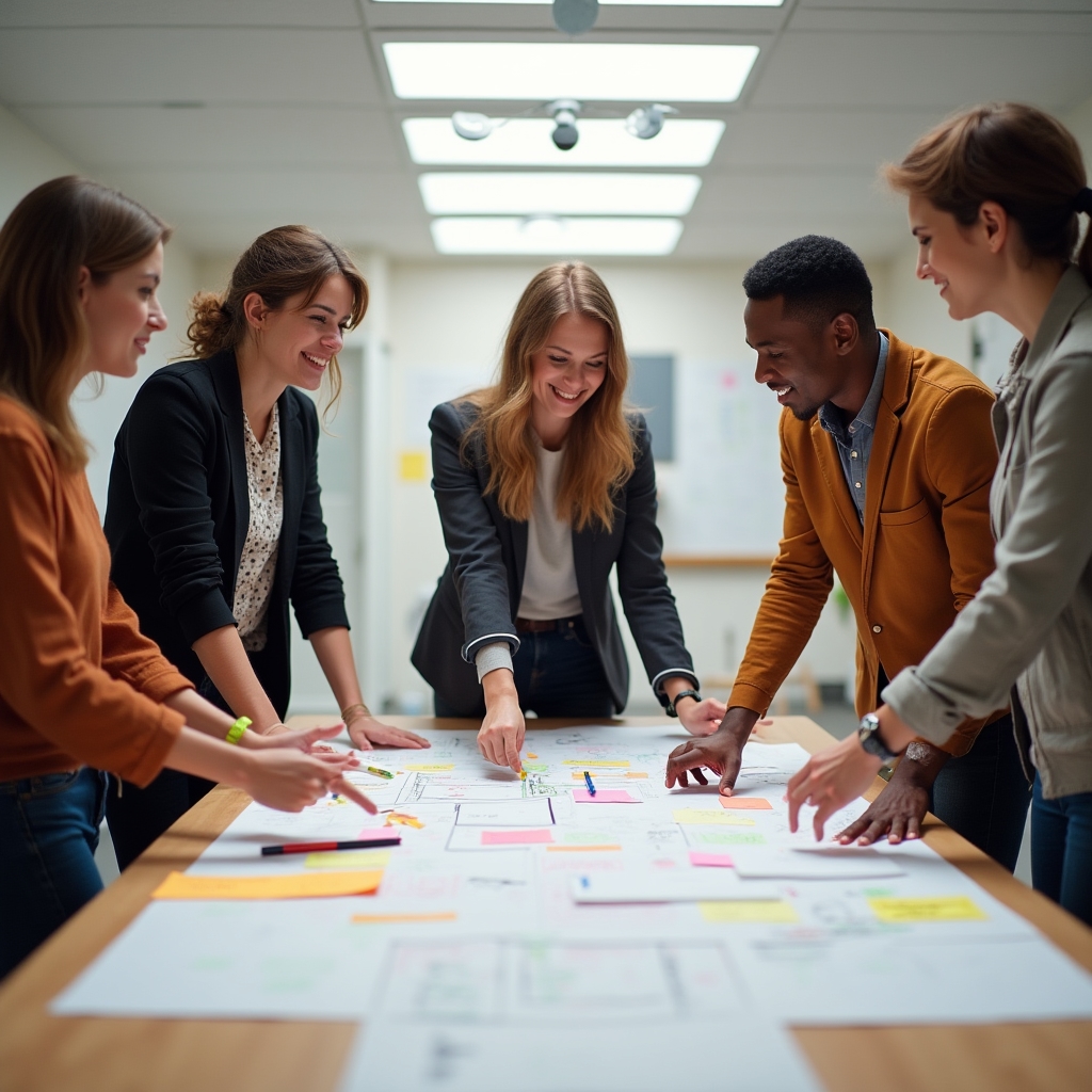 Gruppe von fünf Personen steht um einen Tisch und arbeitet aktiv an einem Workshop-Format